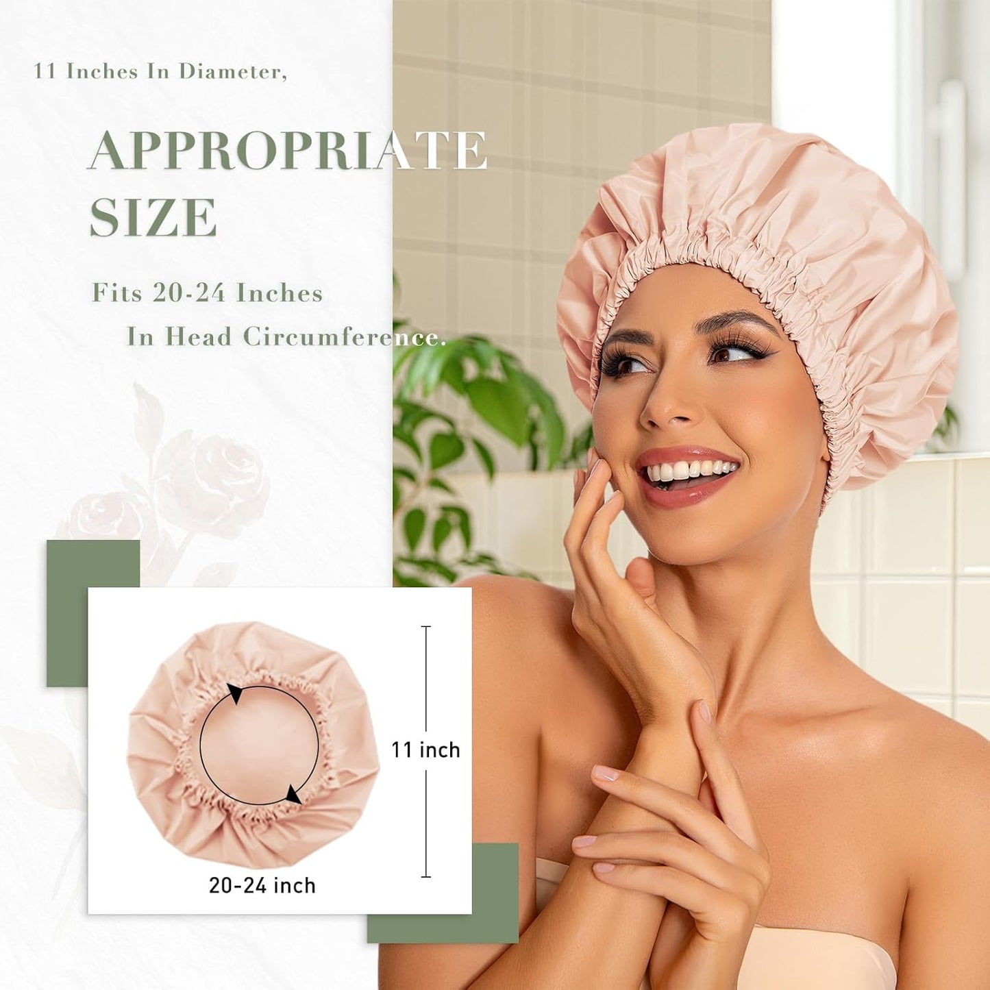 Reusable Shower Cap for Women, Large Waterproof Shower Essentials Bonnet Washable Elastic Band Bath Hair Wrap Hat for Long Hair, Braids(Pink&Beige)