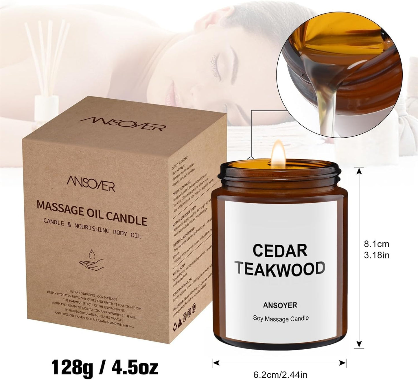 Massage Oil Candle, Romantic Gift SPA Use Home Scented Candle Body Oil, Ultra Hydrating Body Care with Soybean Oil, 4.5oz (Cedar Teakwood)