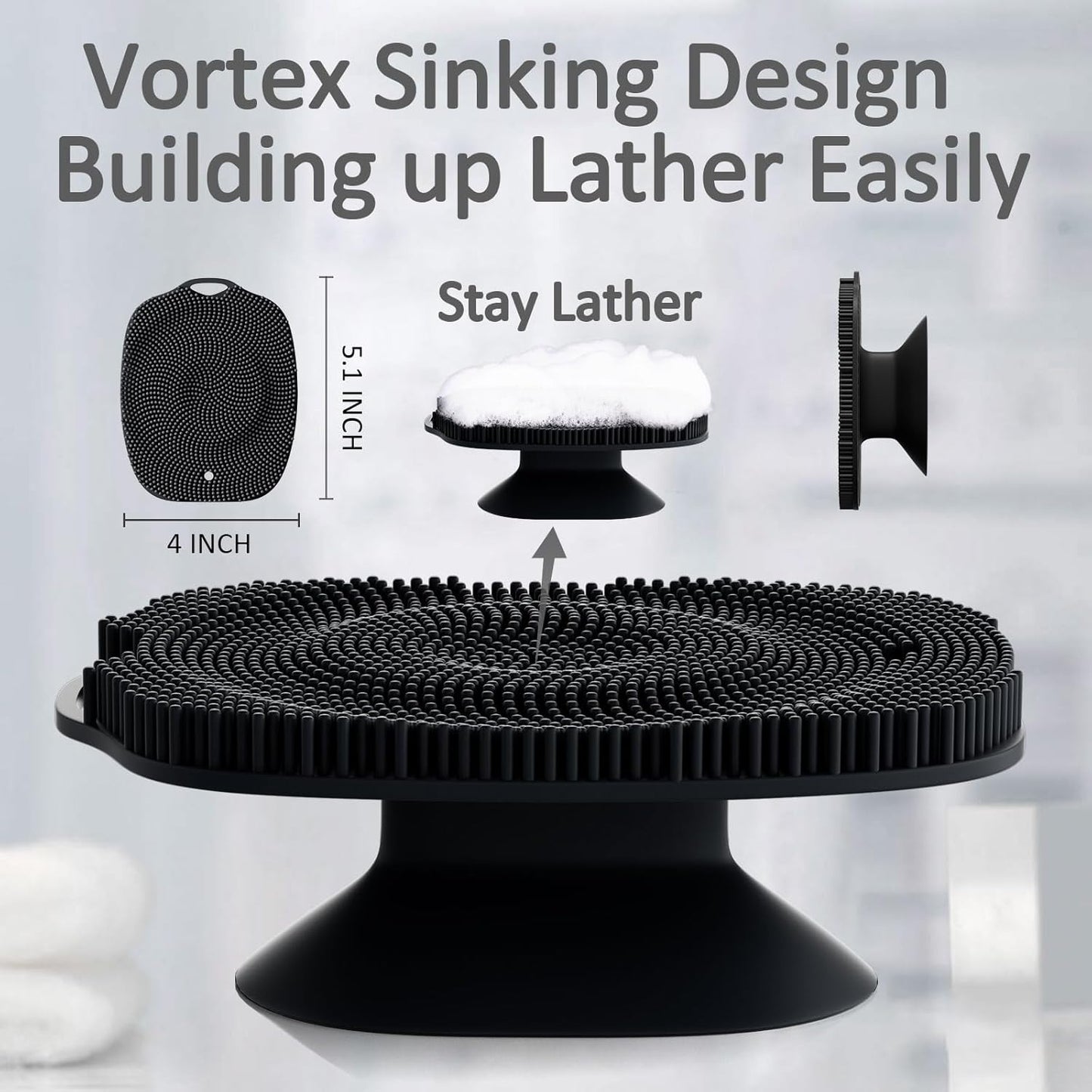 Soft Silicone Body Scrubber, Gentle Like a Hand Exfoliating Your Skin and Build Up Lather Easily, Back Large Suction Cup Easy to Store, Long-Lasting & Deep Clean (Black)