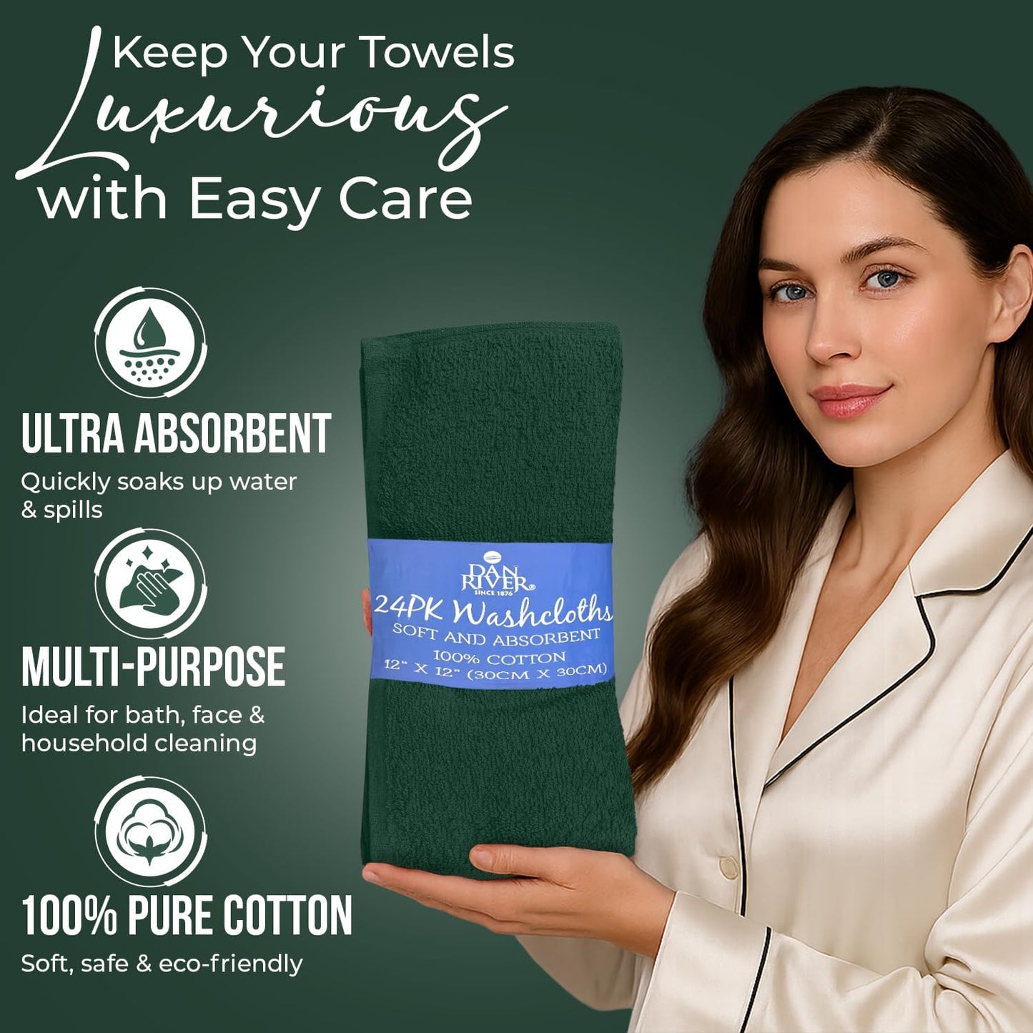 DAN RIVER 100% Cotton Wash Cloths 24 Pack [12x12] Soft & Absorbent washrags, Gym, Hotels & Spa Perfect for Everyday Use Fingertip Towels, Hunter Green