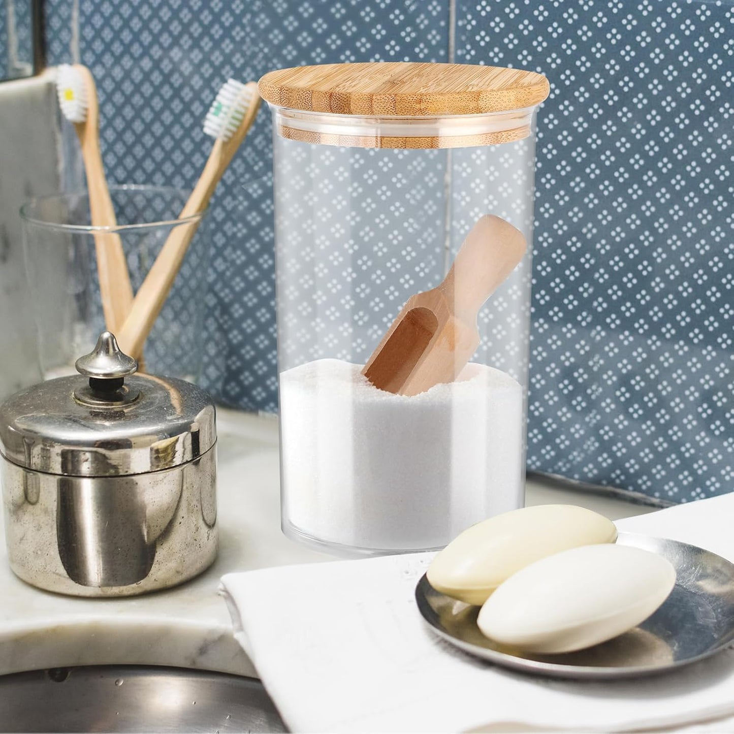 42oz Acrylic Bath Salt Jar with Wooden Scoop Flour Containers with Lids Airtight Epsome Salt Bath for Bathroom Kitchen（Hold 42 Ounces of Bath Salt）