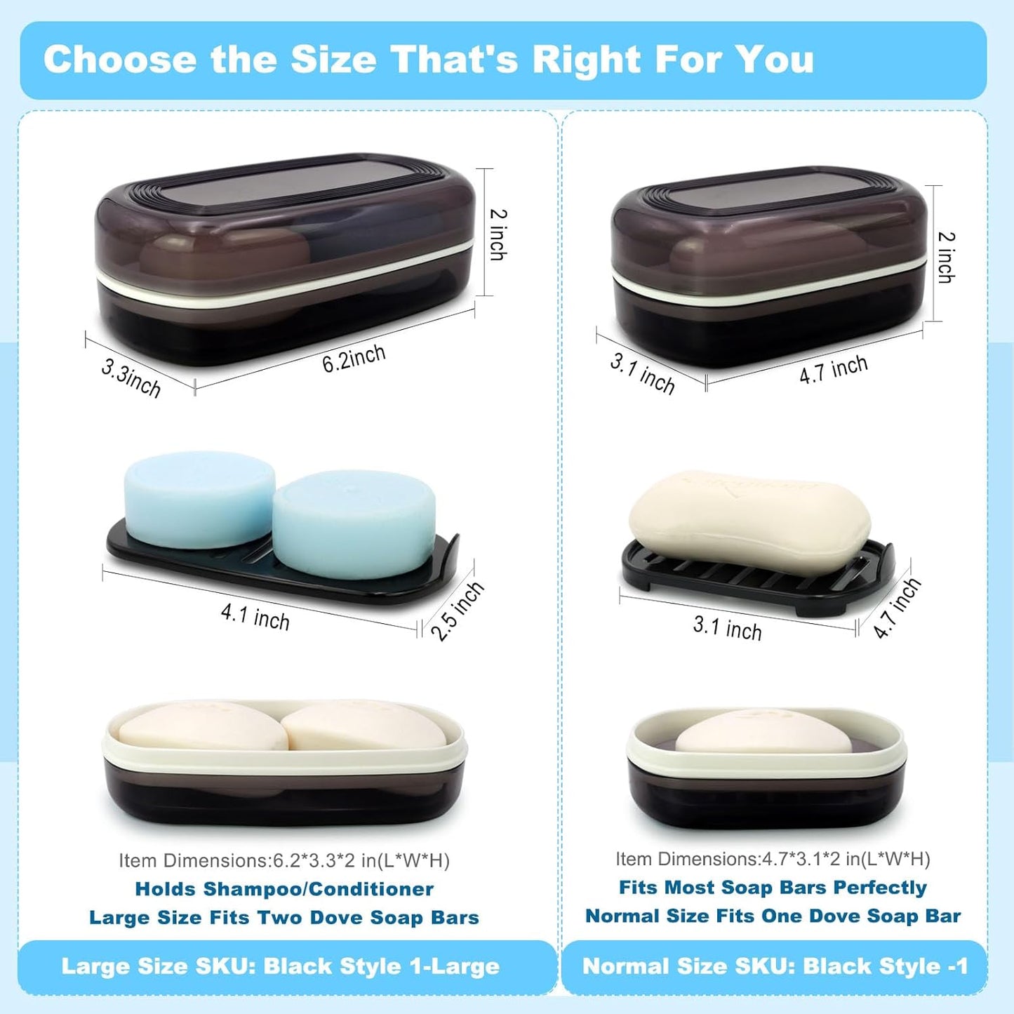 Solid Shampoo Bar Holder, Large Bar Soap Holder, Travel Soap Container, Soap Box with Draining Layer, Soap Case for Bathroom, Traveling, Gym, Camping (Black Style-1-Large)