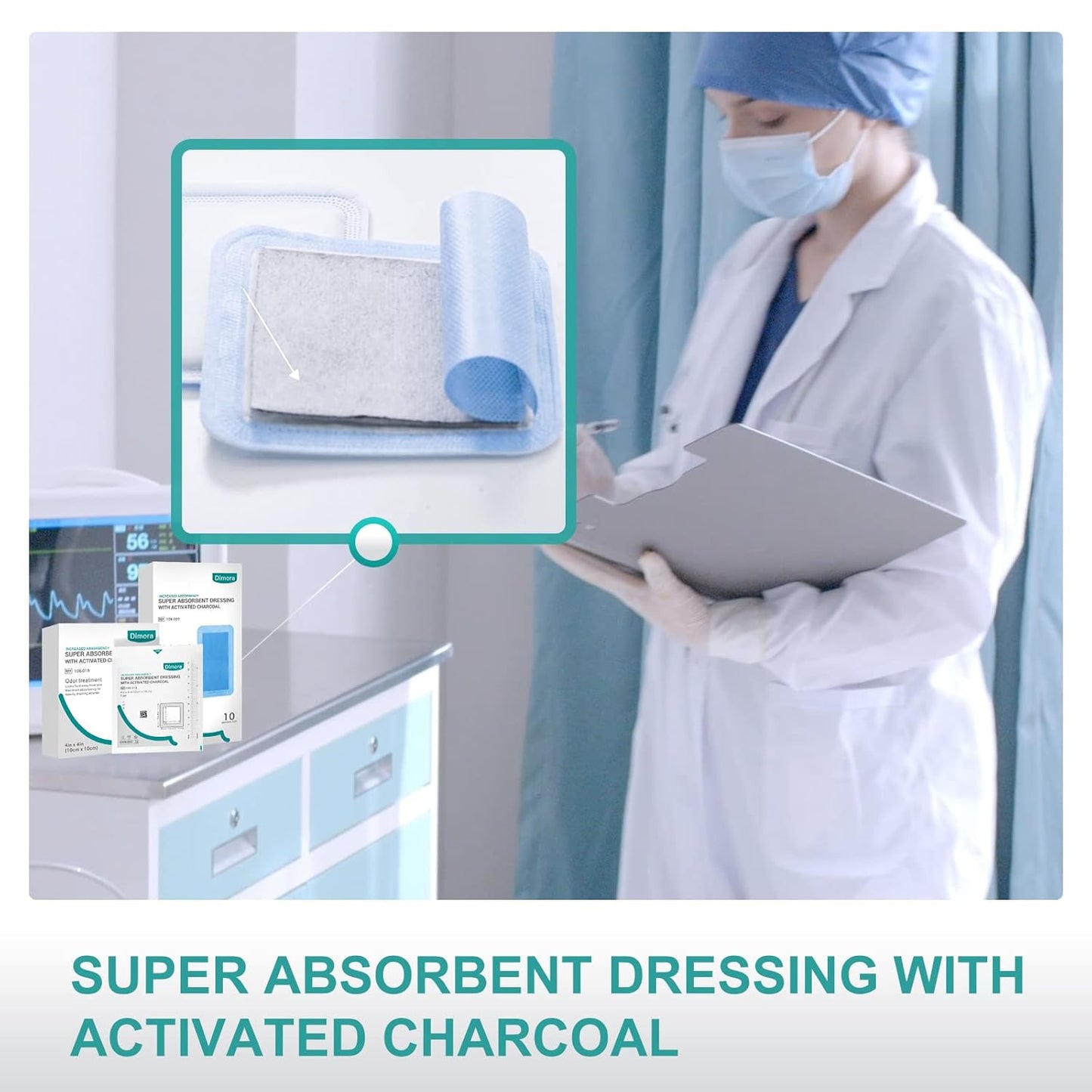 Dimora Upgrade Super Absorbent Dressing with Activated Charcoal, Superior Anti-Odor Moisture Absorpting Wound Dressing 4"x8" 10 Packs