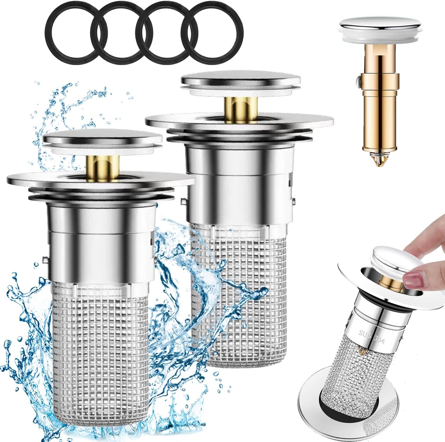 2Pcs Bathroom Sink Stopper for 1.1”-1.3”, Pop Up Sink Drain Filter with Removable Stainless Steel Filter Basket Hair Catcher, for US Universal Kitchen Bathroom Basin Sink Stopper Replacement