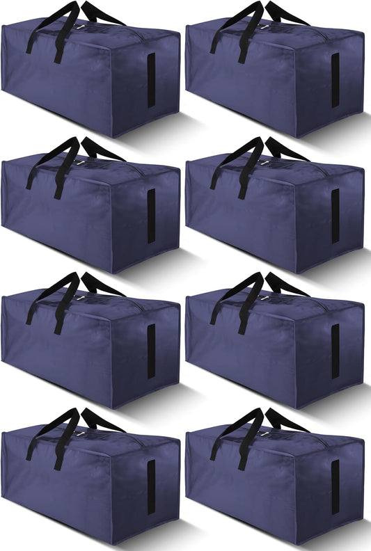 8 Pack Large Strong Moving Bags with Zippers & Carrying Handles - Water-Resistant - Heavy Duty Storage Tote for Space Saving, Fold Flat, Alternative to Moving Box (Blue)