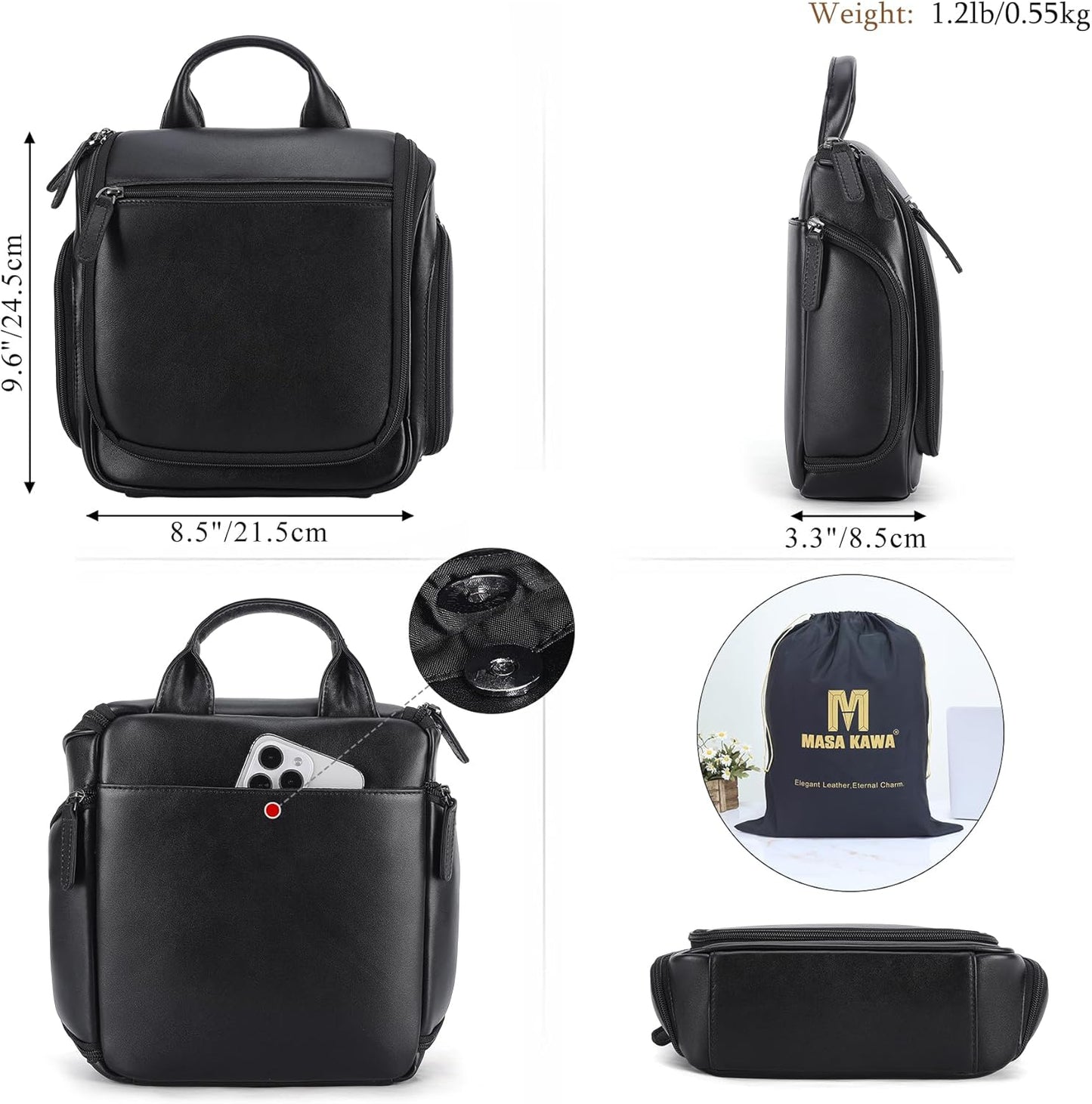 Masa Kawa Leather Hanging Travel Toiletry Bag for Men Portable Expandable Camping Cosmetics Makeup Toiletries Organizer Waterproof Bathroom Shaving Kit Black Wash Bags