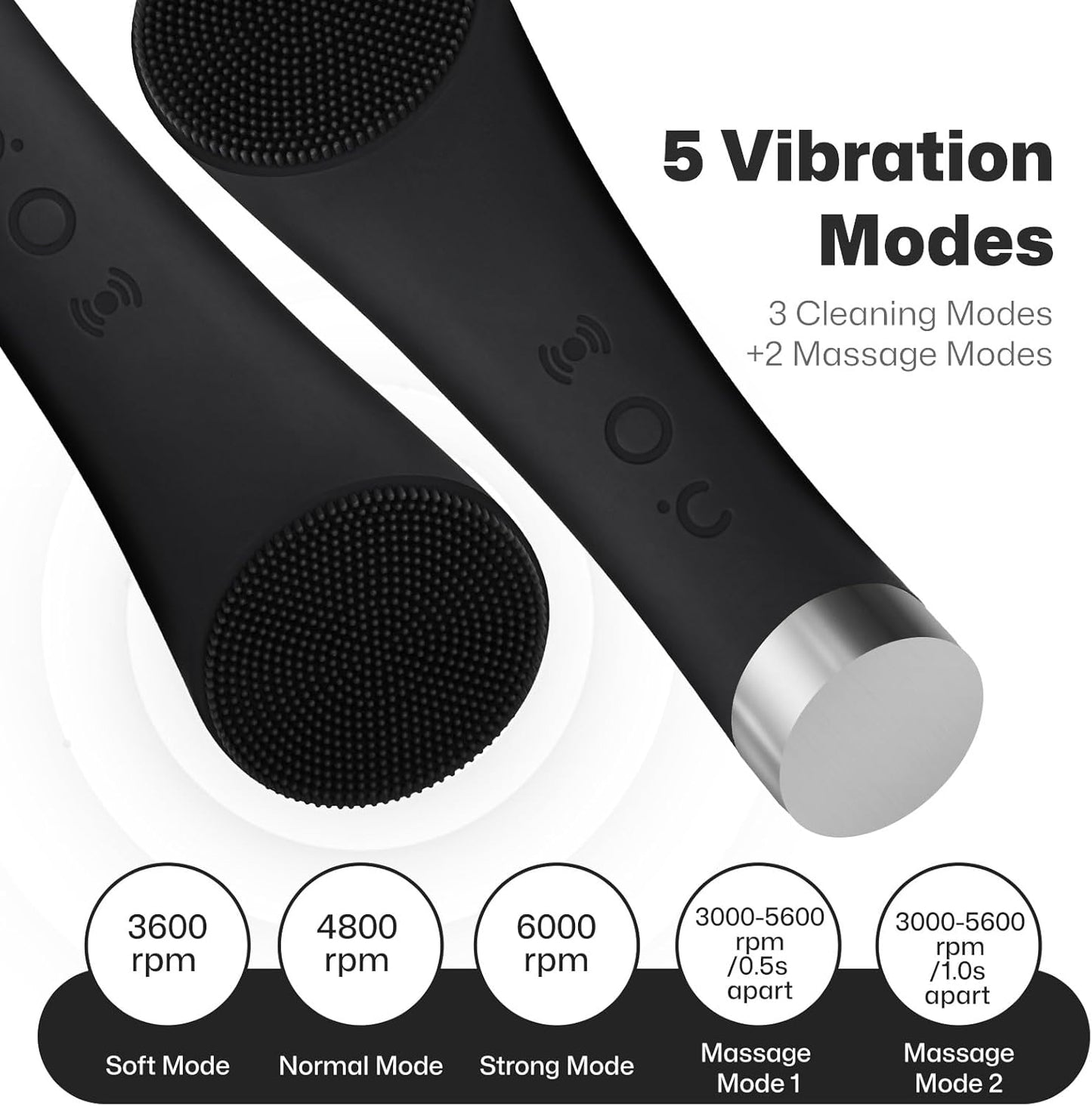 PRITECH Facial Cleansing Brush, Rechargeable Silicone Face Scrubber with Heat Massage End, Vibrating Exfoliator Scrubber for Deep Cleaning, Waterproof Face Brush for Women and Men (Black)