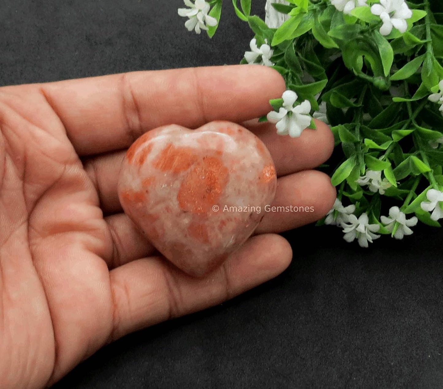 Amazing Gemstone Sunstone Crystal Heart Palm Stone - Pocket Massage Worry Stone for Natural Body Chakra Balancing, Reiki Healing and Crystal Grid