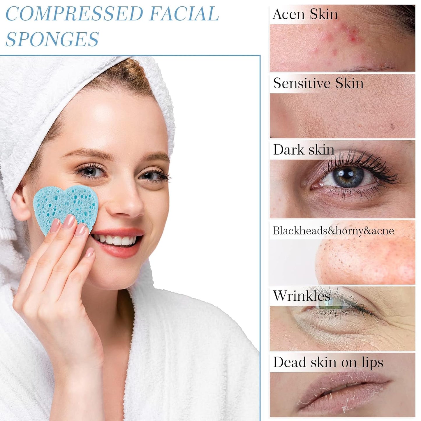 Sieral 120 Pcs Compressed Facial Sponges with Container Disposable Face Sponge Pads for Washing Face Cleansing Exfoliating Esthetician Makeup Removal(Heart,Light Blue)