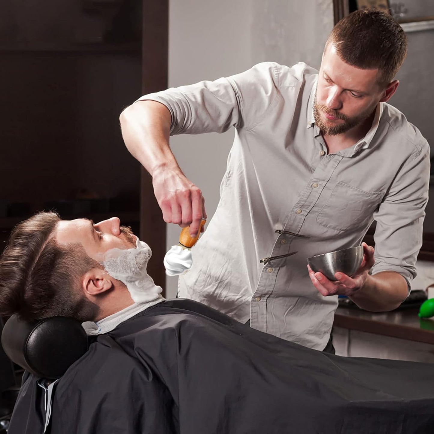 7Pcs Men Shaving Brush Wood Handle, Professional Salon Tools Hand Crafted Shaving Brush Wood Handle Shave Brushes Handmade Pure Badger Hair Brush for Men1