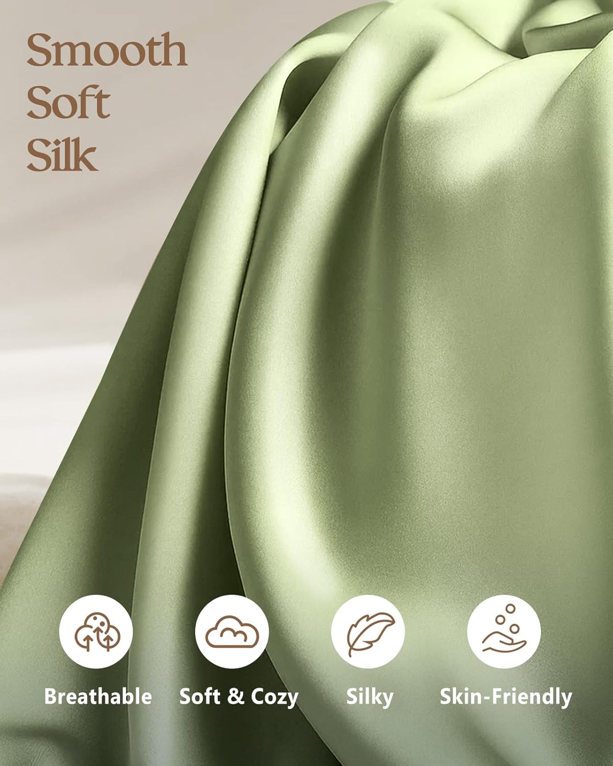 Silk Pillowcase 2 Pack - Pillow Cases Standard Set of 2 Size 20" x 26" for Hair and Skin Smooth Soft Breathable with Hidden Zipper Cooling Pillow Covers for Women, Light Green