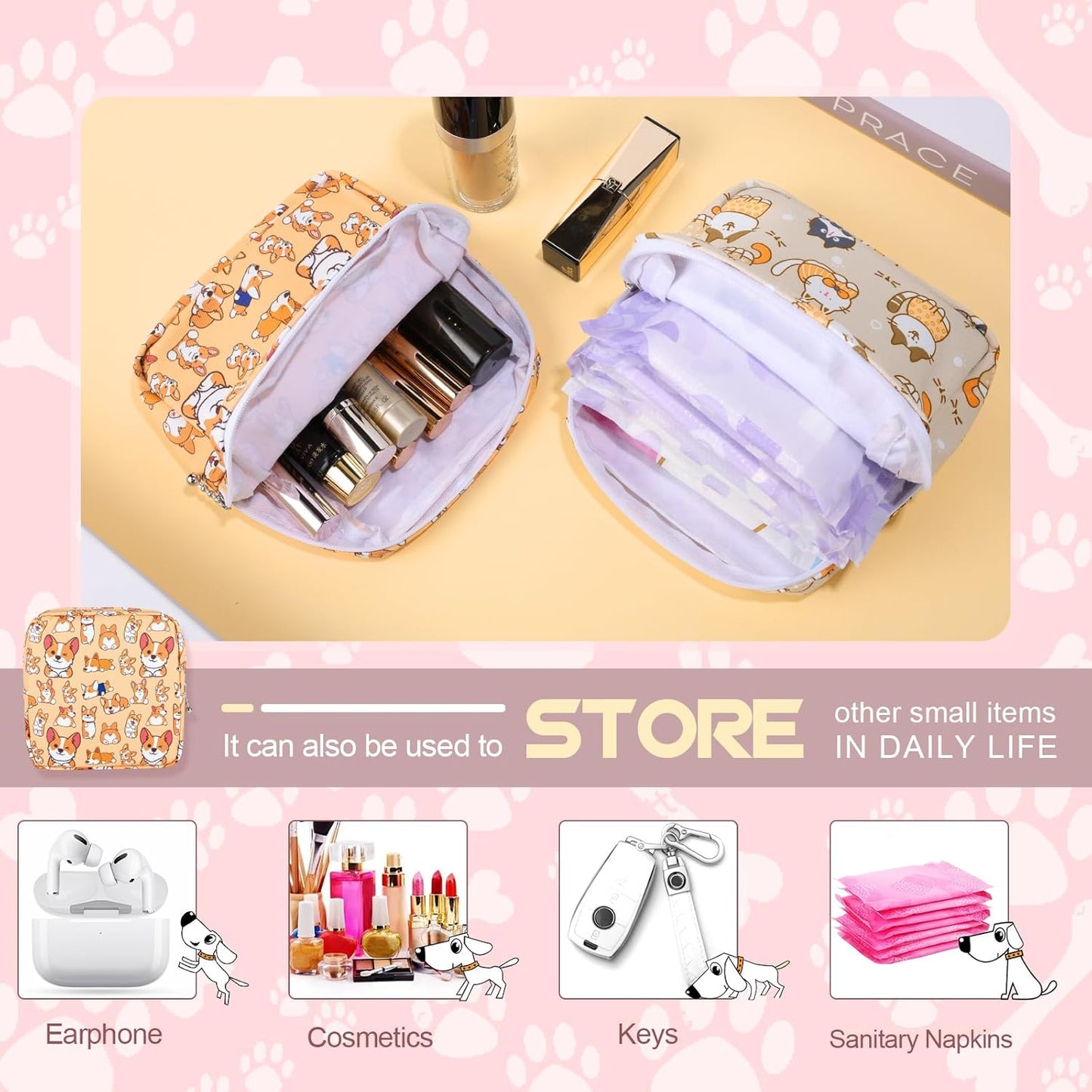 Period Bag Pouch, Canvas Sanitary Napkin Storage Bag for Girls Womens, Portable Sanitary Napkin Period Pad Pouch for Purse, Small Make Up Bags(Blue Cat N0461)