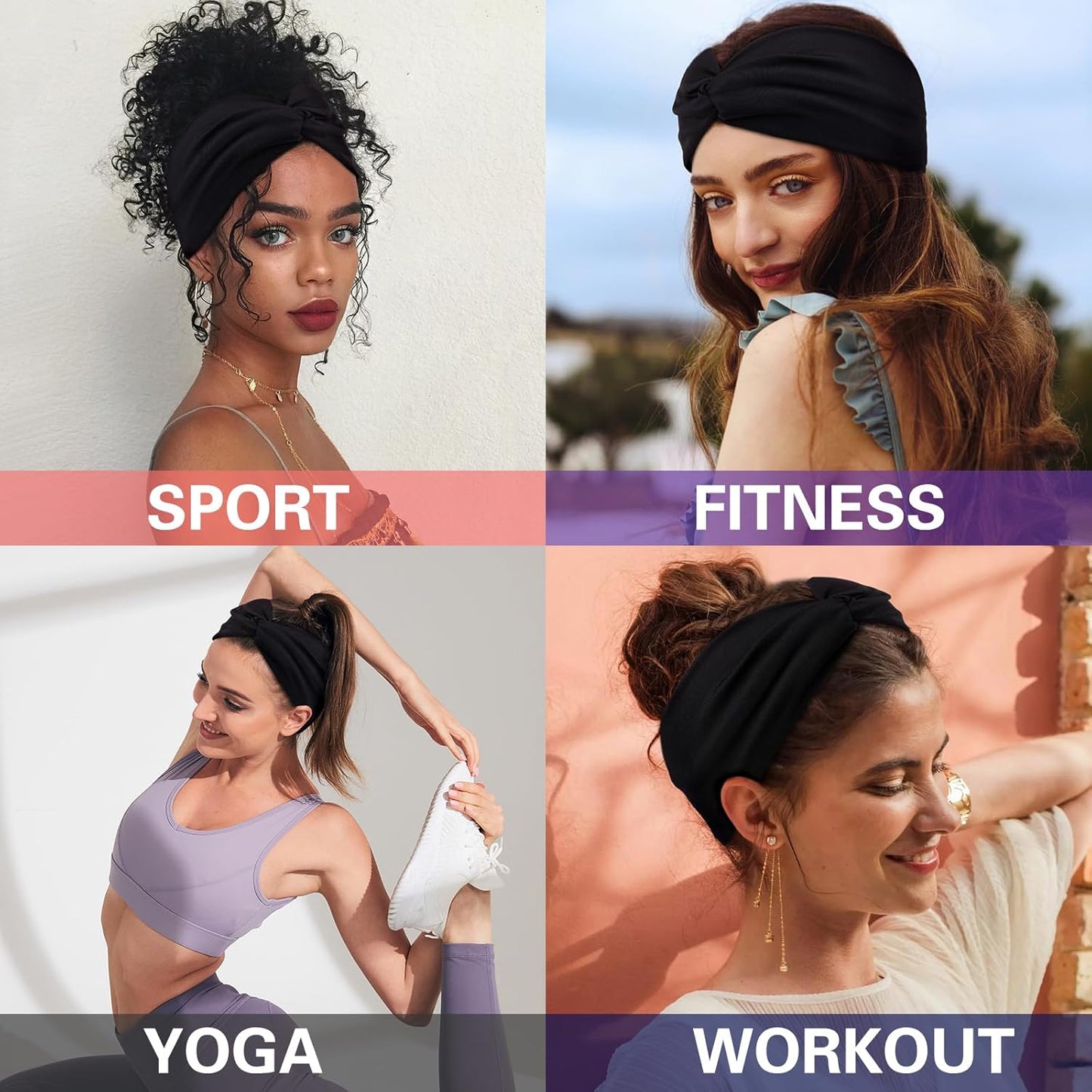 Yeshan Black Headbands for Women No slip Wide Stretchy Headbands Twist Knotted Headbands Yoga Workout Sport Hair bands,Pack of 12