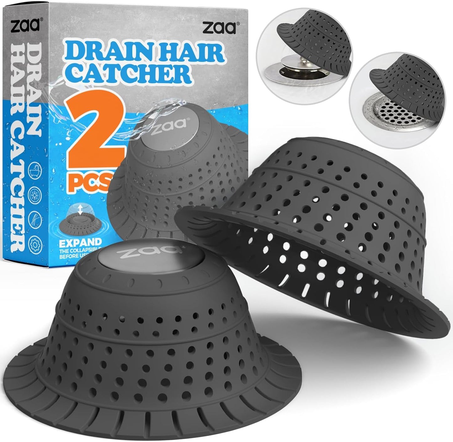 zaa Bathtub Drain Hair Catcher, 2 Pack Silicone Collapsible Bathtub Drain Cover Hair Catcher & Protector for Pop-Up & Regular Drains of Shower, Bathtub, Tub, Bathroom, Sink, Black Black