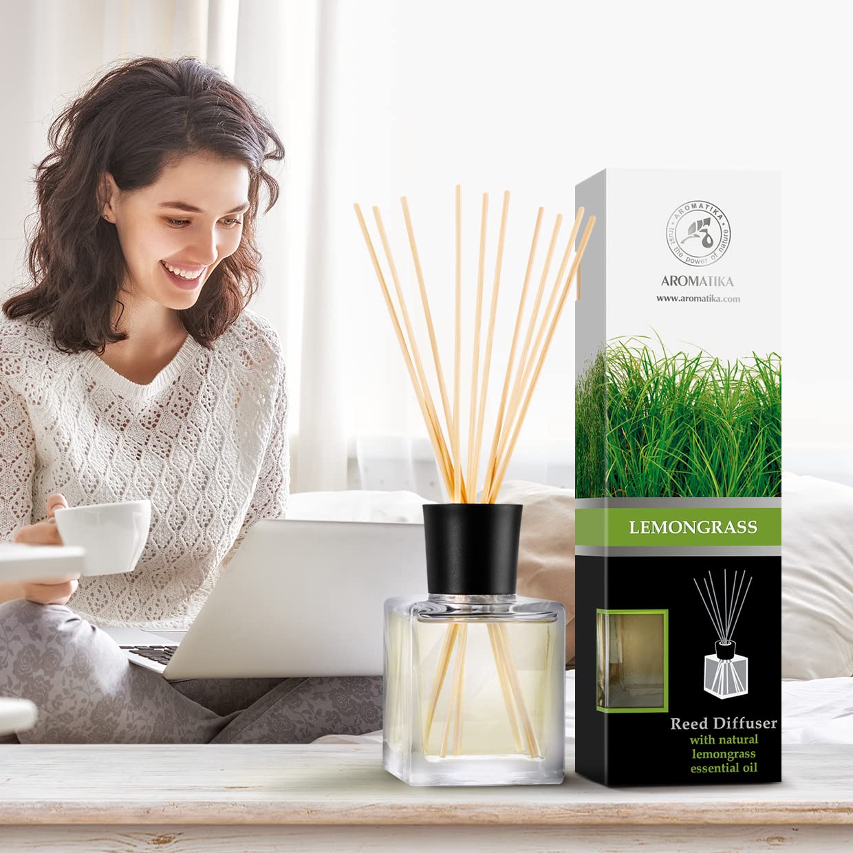 Room Fragrance Diffuser Lemongrass 6.8 Fl Oz - 200ml - with Bamboo Sticks - with Pure & Natural Lemongrass Essential Oil - Intensive Room Scent - Diffuser Gift Set