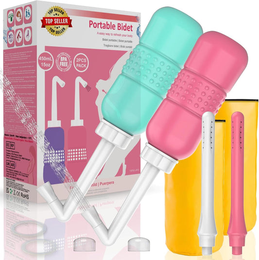 2PCS-Pack 2IN1 Intimate Wash for Women,2 Nozzle（Short+Long）,Portable Bidet Travel Bidets with Waterproof Cap + Storage Bag,Peri Bottle for Postpartum Care (Pink+Green)