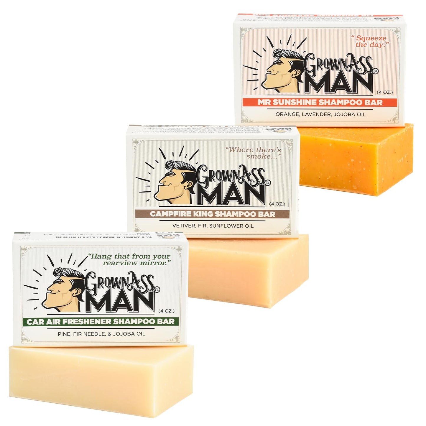 Grown Ass Man Co. - Solid Shampoo Bar Rich Lather 3 in 1: Hair, Beard & Body Wash - Plastic Free & Eco-Friendly, Natural & Organic for All Hair Types, 4oz Bar (Nature Lover, 3-Pack)