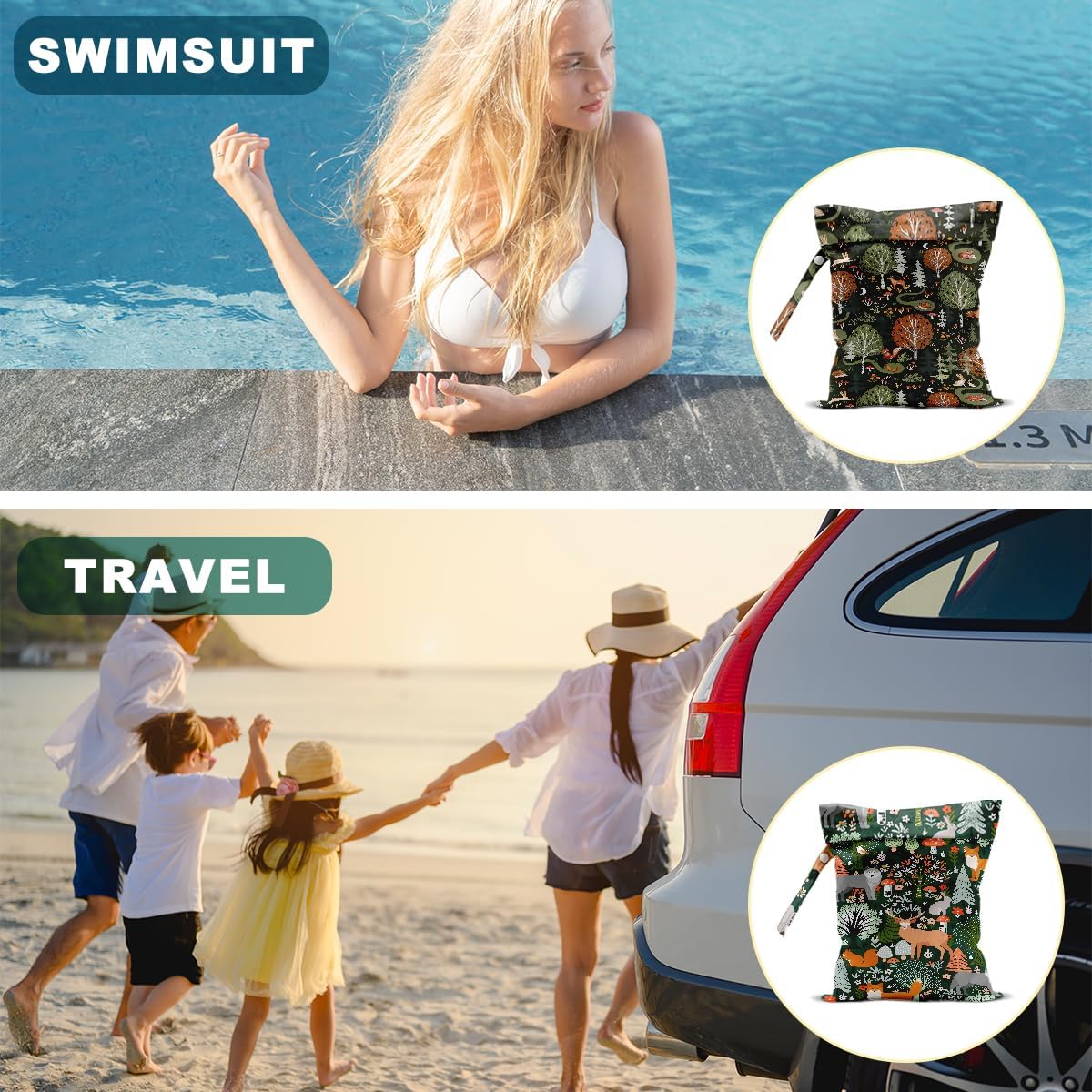 2Pcs Forest Animals Print Wet Bags, Wet Dry Bag Reusable for Swimsuit, Travel, Diapers, Pool, Beach, Dirty Yoga Gym Clothes, Toiletries, Makeup Bag, Zipper Pouch Waterproof Birthday Christmas Gifts