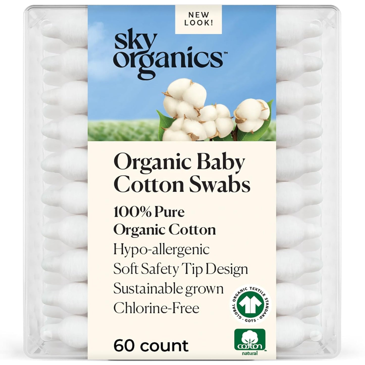 Sky Organics Organic Baby Cotton Swabs for Baby, 100% Pure Organic Cotton, GOTS Certified Organic Cotton, 60 Count