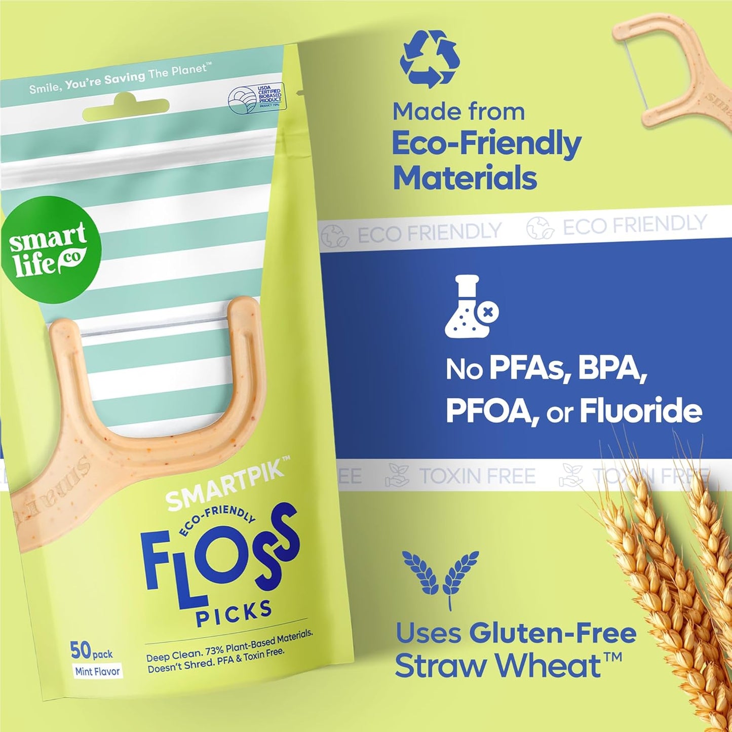 SmartLifeco Eco-Friendly Dental Floss Picks (400ct) - Flossers Made with Straw Wheat Blend, Superior Anti-Shred Thread for Tight Gaps, Tooth Pick Stick for Adults, Soft on Gum & Teeth, Vegan, Mint