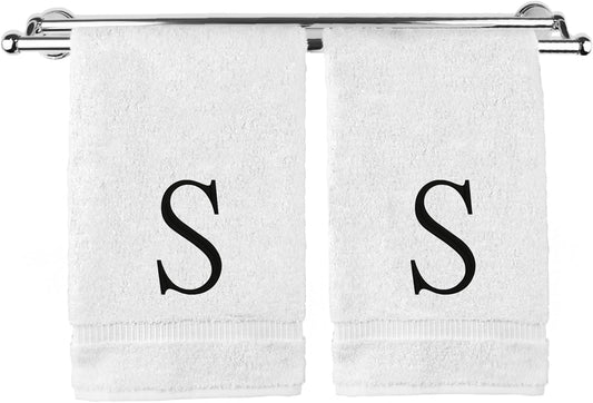 Monogrammed Hand Towel, Personalized Initial Gift, Extra Absorbent 100% Turkish Cotton - Soft Terry Finish - Set of 2 - Black Block Initial S - Embroidered on White Towels