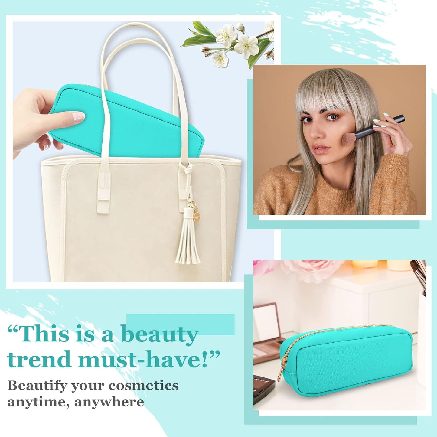 izuzta Nylon Small Makeup Bag Slim Pouch, Preppy Cute Makeup Brush Case Bag Cosmetic Zipper Pouch for Purse, Waterproof Travel Toiletry Bag Clutch Coin Pouch Makeup Organizer for Women Girls(Mint)