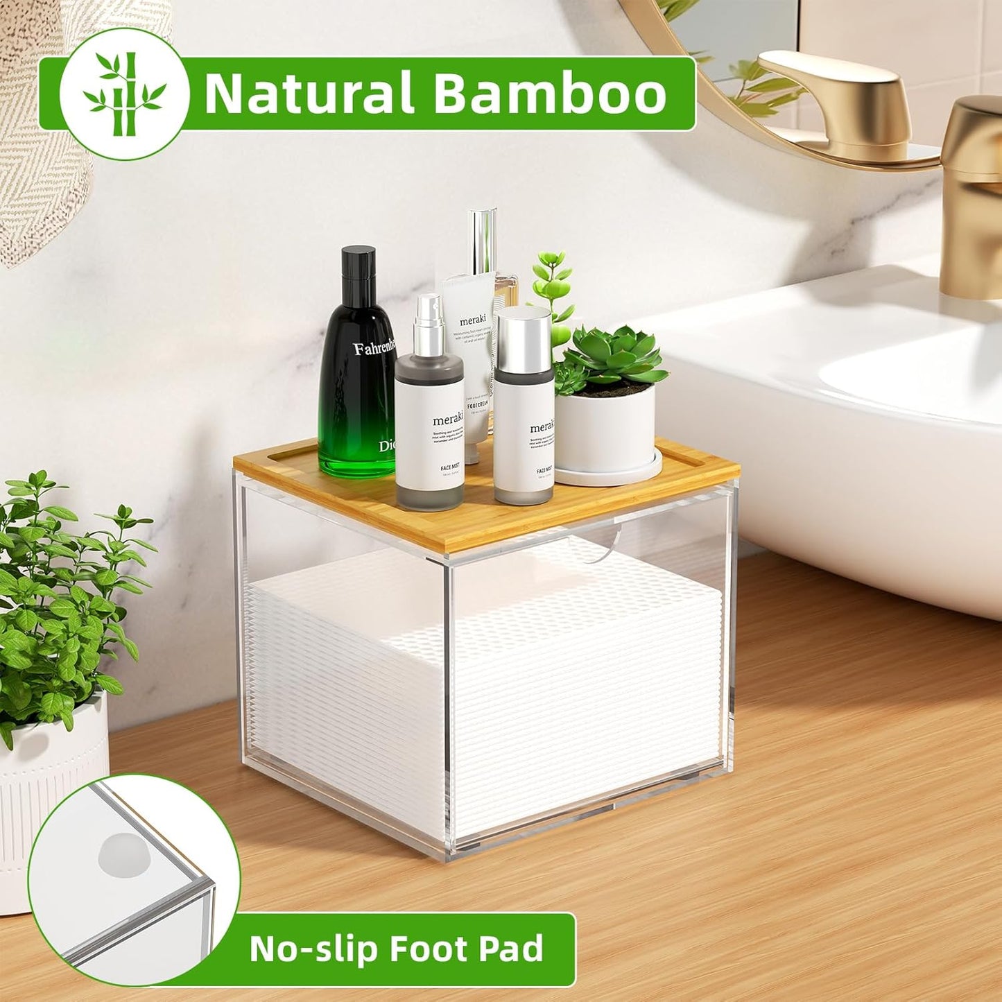 VITVITI Drawer Disposable Face Towel Holder Box, Acrylic Facial Towel Container for XL Clean Skin Club, Large Disposable Face Towel Storage with Bamboo Lid, for Bathroom, Vanity Makeup, Clear