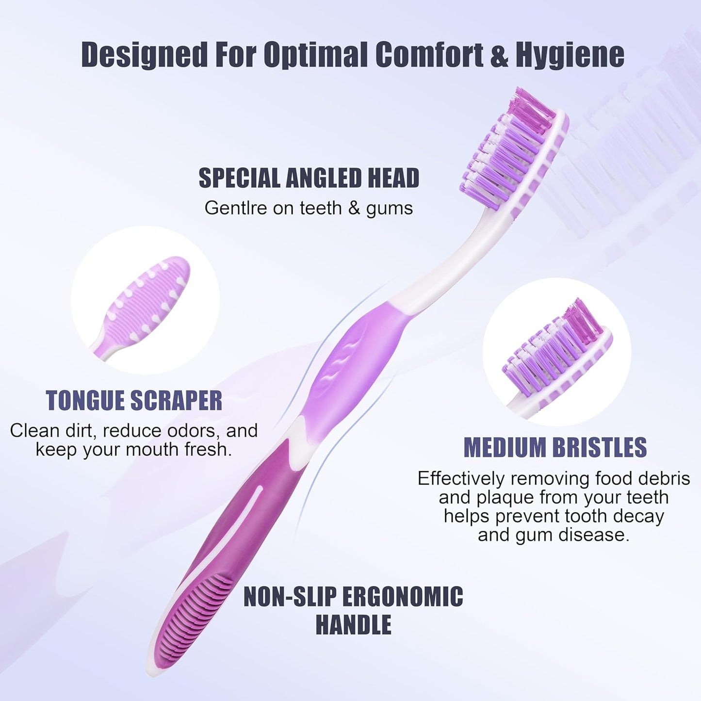 Toothbrush Medium Adults, Medium Toothbrushes for Adults with Tongue Scraper, Travel Toothbrushes with Ergonomic Handle, Assorted Colors, 8 Pack