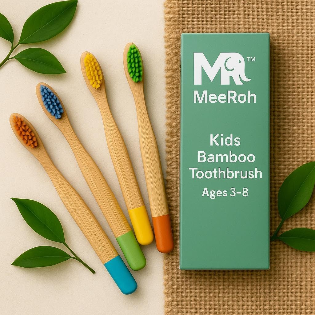 MeeRoh Bamboo Toothbrush for Kids – Eco-Friendly, Soft Bristles, 4-Pack