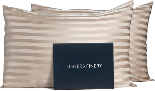 Fishers Finery 25mm 100% Pure Mulberry Silk Pillowcase Set (Taupe Stripe King 2 Pack)