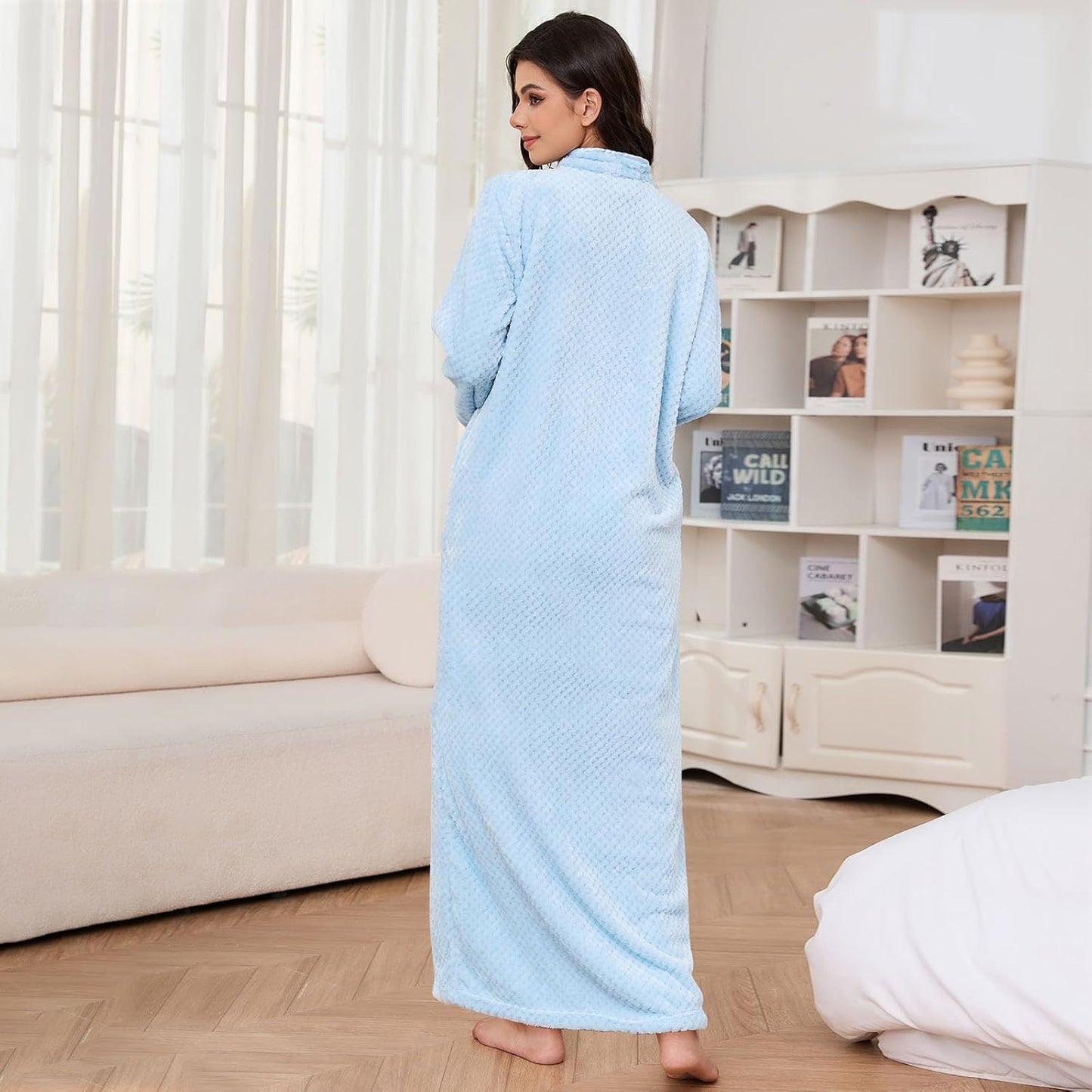 Artfasion Womens Fleece Robe Plush Long Zip Front Bathrobe with Pockets Warm Soft Zippered Bathrobes for Women