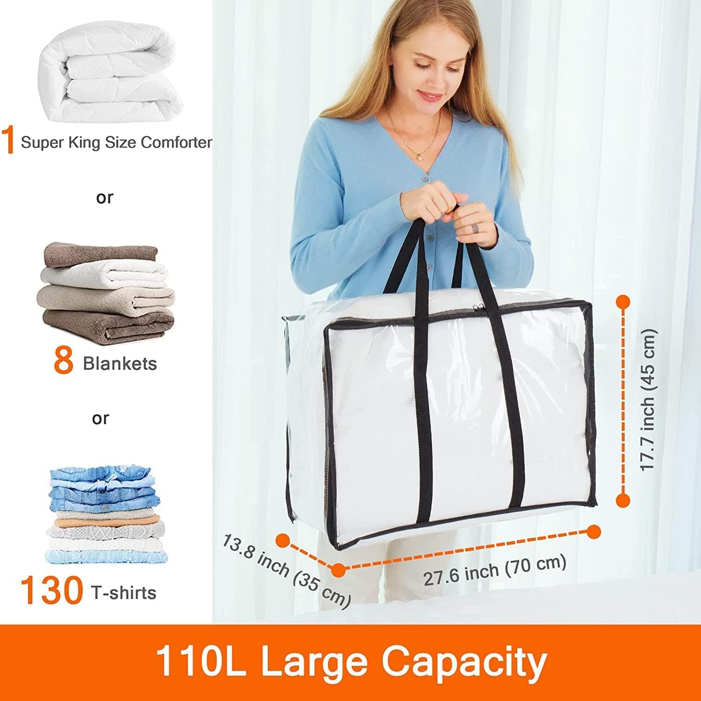 Vieshful 7 Pack Clear Comforter Storage Bag, 110L Over-Sized Clothes Storage Bag with Zipper Closet Organizer, Plastic Storage Containers Moving bags for Comforter, Blanket, Bedding, Duvet, Toys