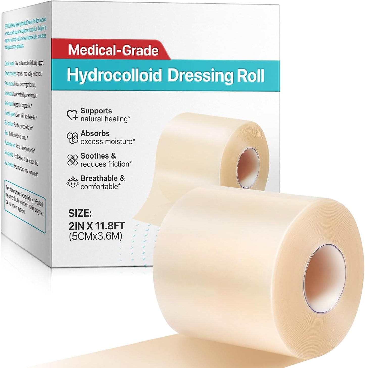 Hydrocolloid Roll for Wound Care, Cut-to-Size, Hydrocolloid Patch Bandages with Self-Adhesive, Ultra Absorbent, Waterproof, Home Essential, 2in x 11.8ft