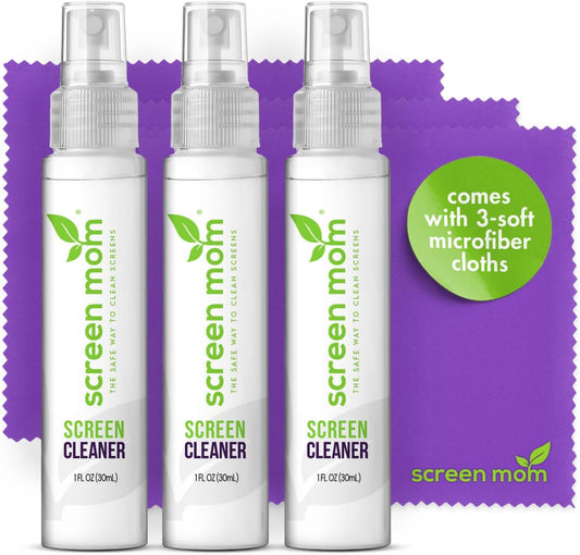 Screen Cleaner Spray and Microfiber Cloths 3-Pack (3x1oz) by Screen Mom-Screen Cleaner Spray and Wipe for TV, Computer, Phone, iPad, Car Screen Cleaning Kit Electronic Cleaner Spray