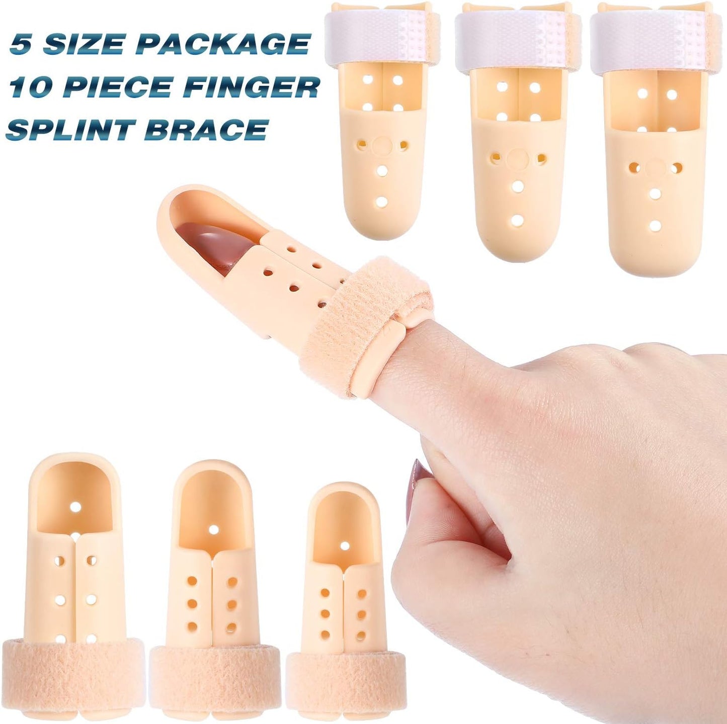 BBTO 10 Pcs Mallet Finger Splint, 5 Sizes Finger Support Brace Stabilizer Straightener Plastic Fingertip Protectors Arthritis Knuckle Immobilization for Thumb Pinky Middle Index Ring(Beige)