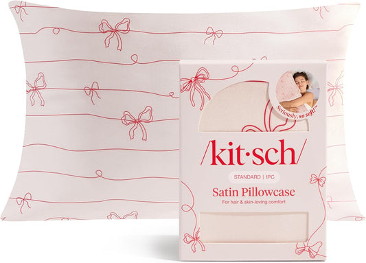 Kitsch Satin Pillowcase, Softer Than Silk Pillow Cases Queen, Cooling Pillow Covers, Satin Pillowcase w/Zipper for Hair, Skin & Quality Sleep, Wrinkle-Free & Smooth, Queen Size 19"x26" Striped Bows