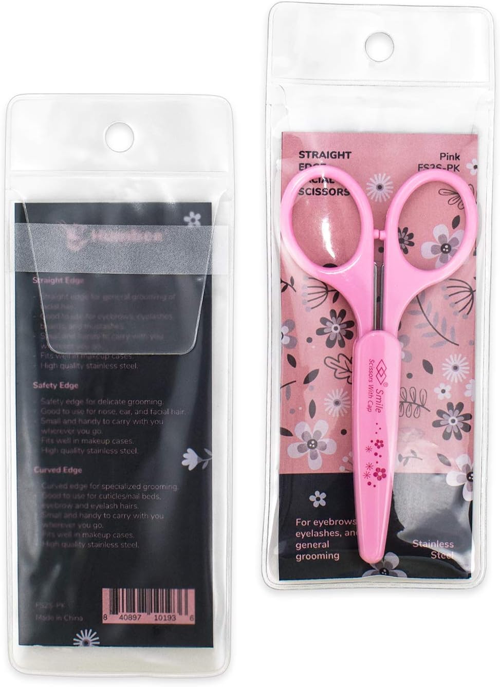 Eyebrow Scissors, Small Scissors for Facial, Nose, Eyebrow, Mustache, and Beard Hair Trimming & Grooming, Straight Edge, Pink Long Cap