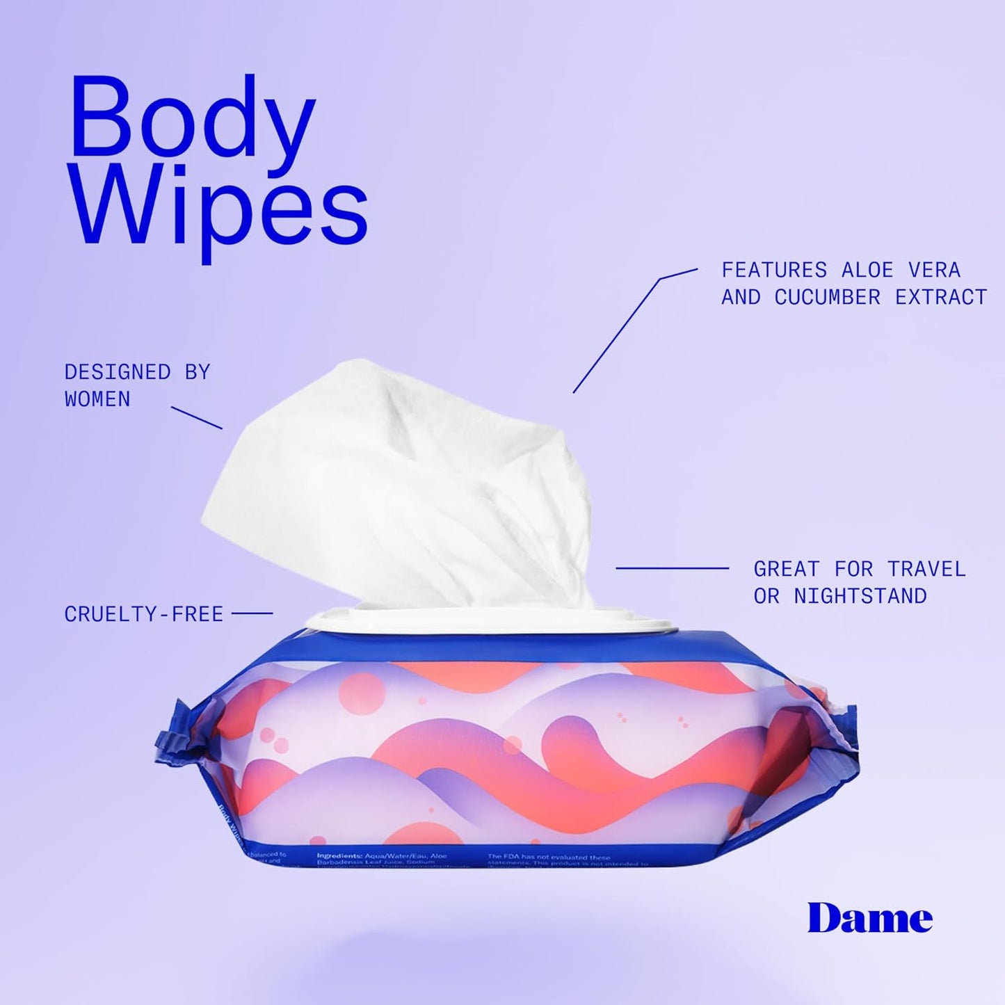 Dame Products Body Wipes - Cleansing and Nourishing - pH-Balanced Formulated with Aloe and Cucumber Extract - Disposable and Flushable - 25 Count