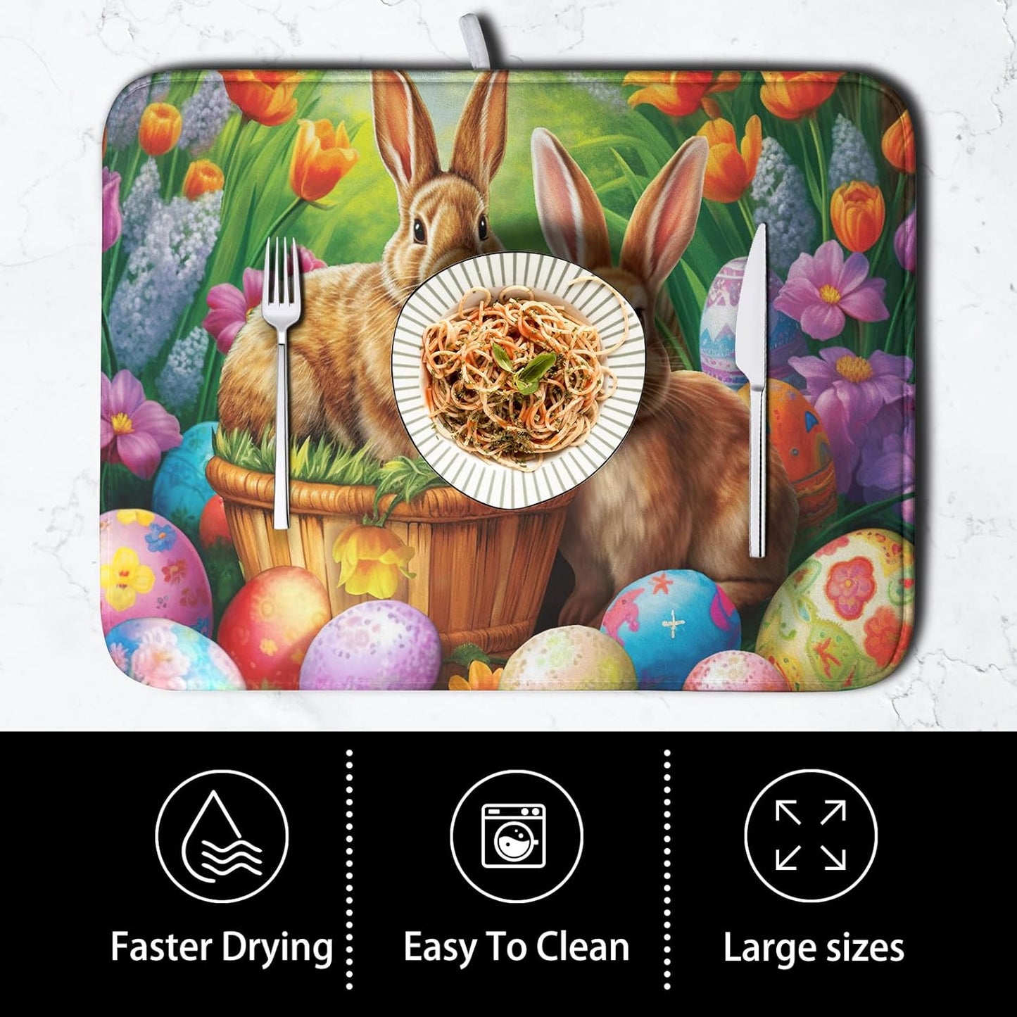 Easter Bunny Eggs Dish Drying Mat for Kitchen Counter, Tulip Floral Flower Drying Mat Spring Summer Holiday Dish Mat Drying Kitchen Mat Absorbent Kitchen Drying Mat for Sink 16x18Inch