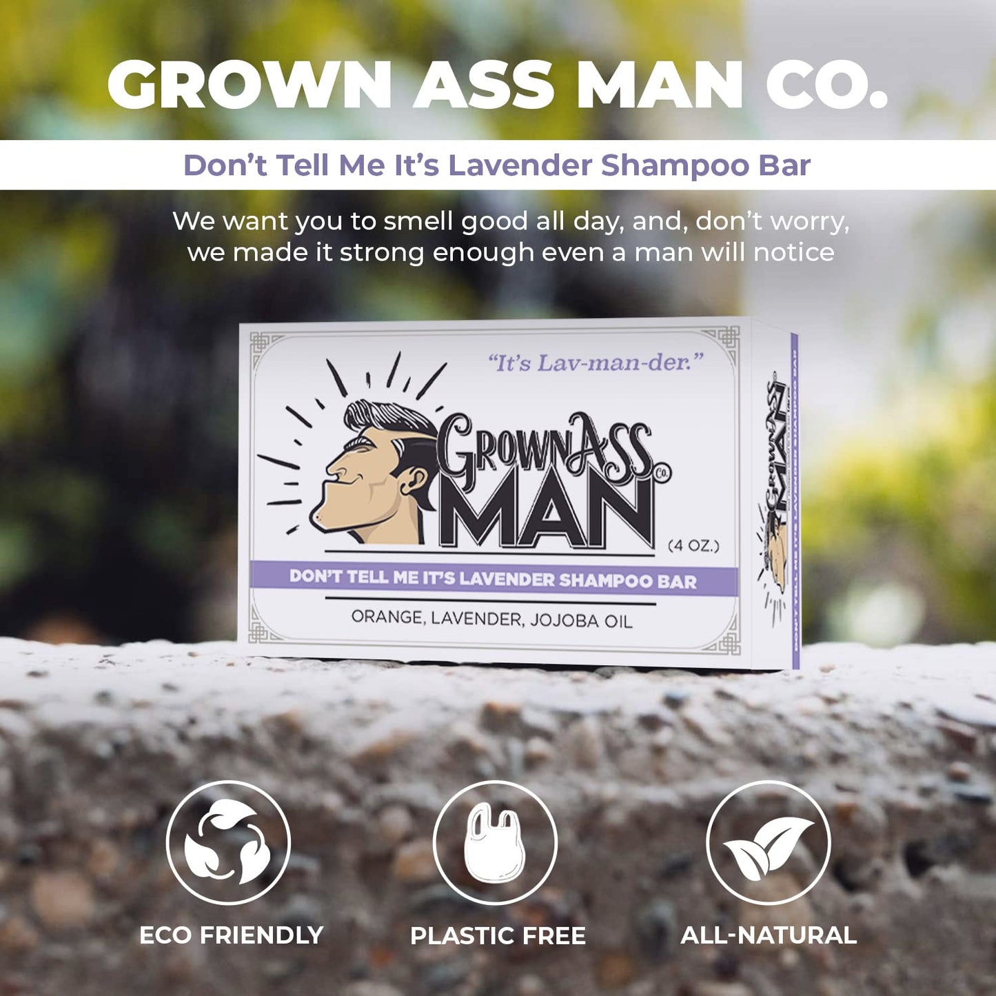 Grown Ass Man Co. - Solid Shampoo Bar Rich Lather 3 in 1: Hair, Beard & Body Wash - Plastic Free & Eco-Friendly, Natural & Organic for All Hair Types, 4oz Bar (Don't Tell Me It's Lavender, 6-Pack)