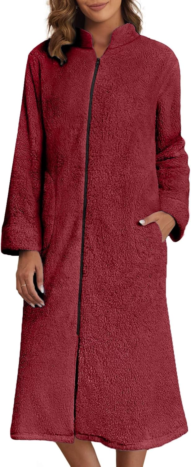 Ekouaer Women's Zip Up Robe Fleece Bathrobe Long Zipper Lounger Warm Housecoat Long Sleeve Nightgown with Pockets S-XXL