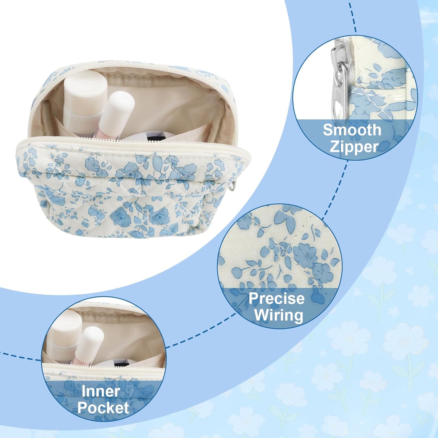 Small Quilted Cotton Makeup Bag for Purse Mini Cosmetic Period Bag for Women Cute Blue Flower Makeup Sanitary Pouch Portable Travel Toiletry Bags with Zipper Slip in Pockets Birthday Gifts