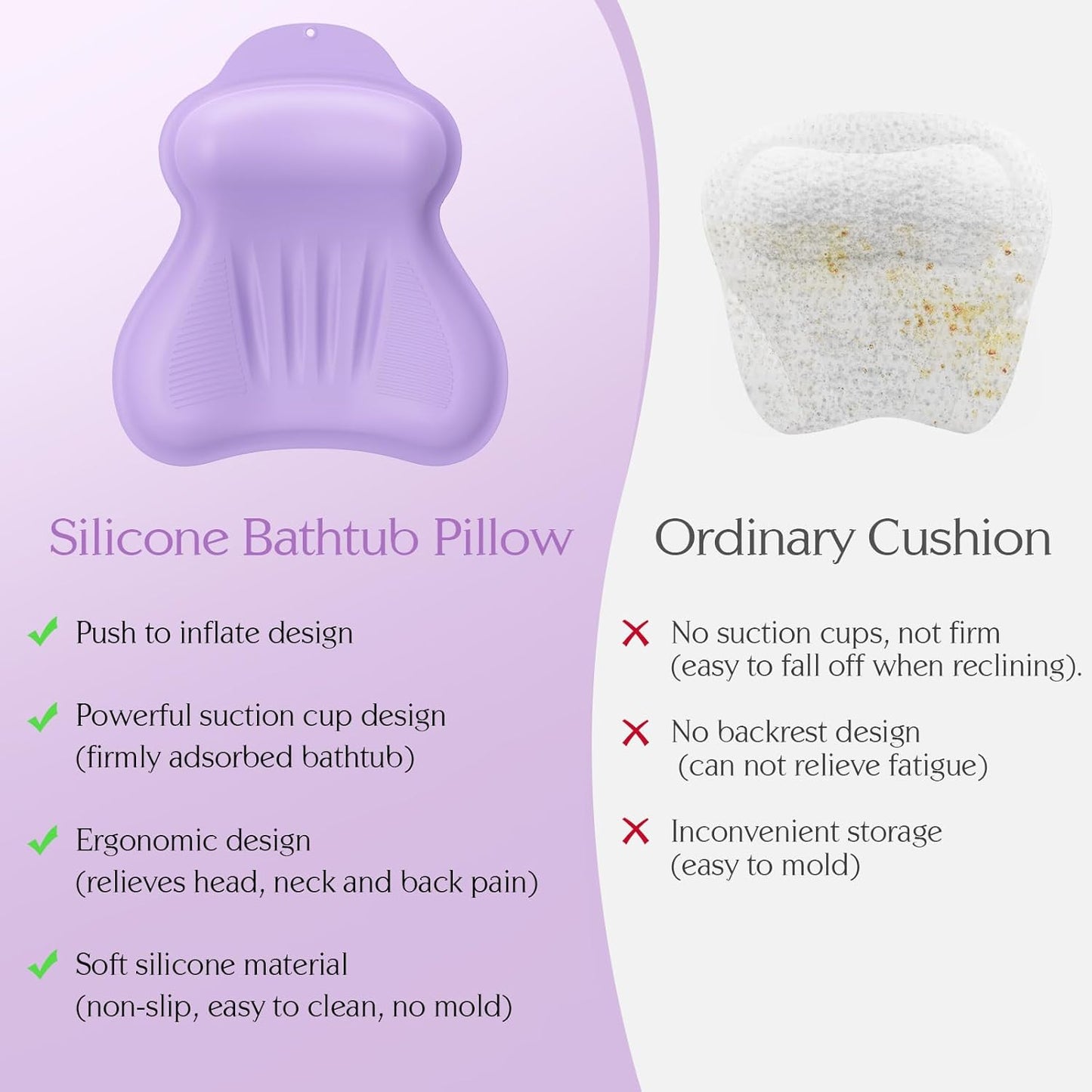 Silicone Bath Pillow, New Material Bath Pillows for Tub Head Neck and Back Support, Bath Tub Pillow with 4D Press Inflatable Airbag and Non-Slip Strong Suction Cup, Quick-Drying, Easy to Store, Purple