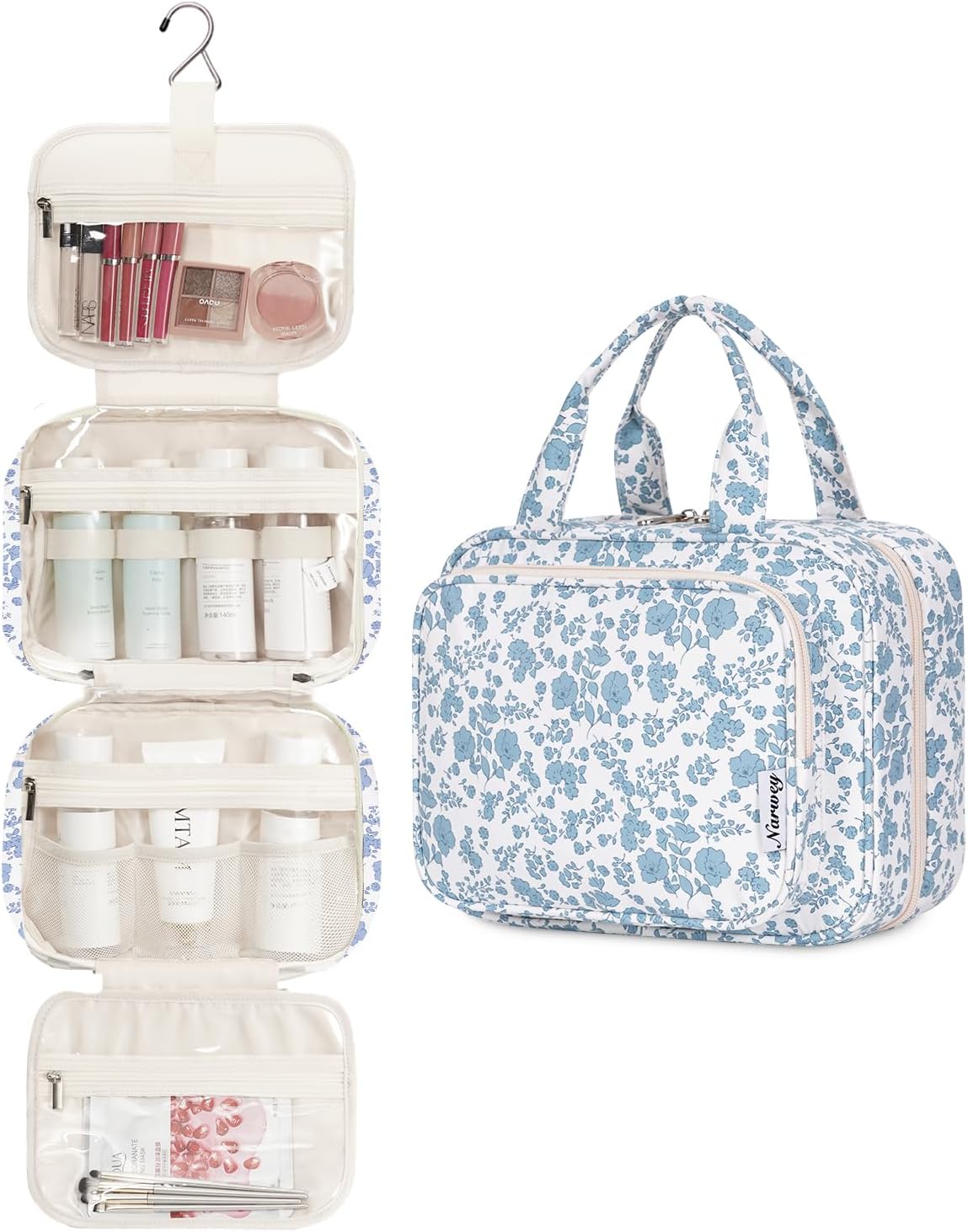 Narwey Hanging Floral Toiletry Bag for Women Travel Makeup Bag Organizer Toiletries Bag for Travel Size Essentials Accessories Cosmetics (Little Blue Flower (Medium))