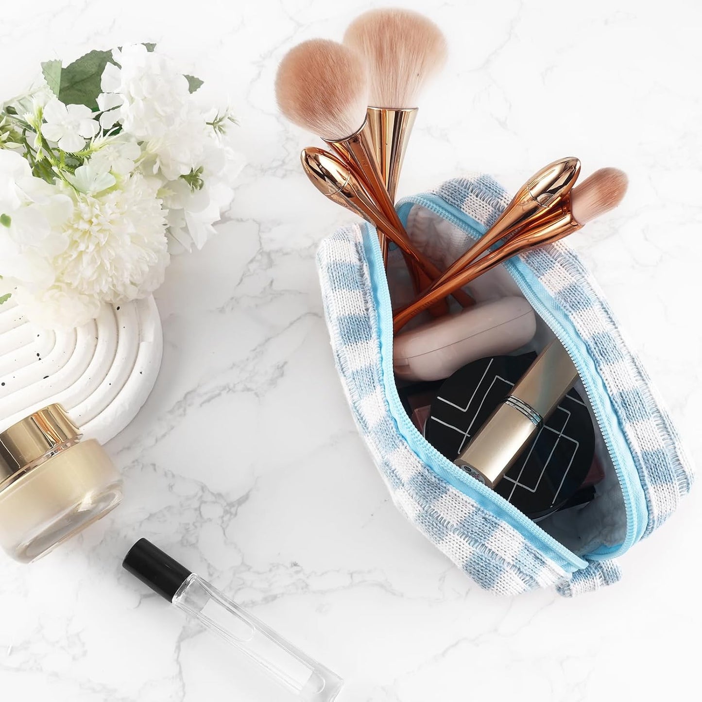 ZLFSRQ 6Pcs Checkered Pencil Case Cute Pencil Pouch for Teens Checkered Makeup Bag Blue Medium Travel Cosmetic Bag Makeup Pouch for Purse Aesthetic Trendy Zipper Toiletry Bags Organizer