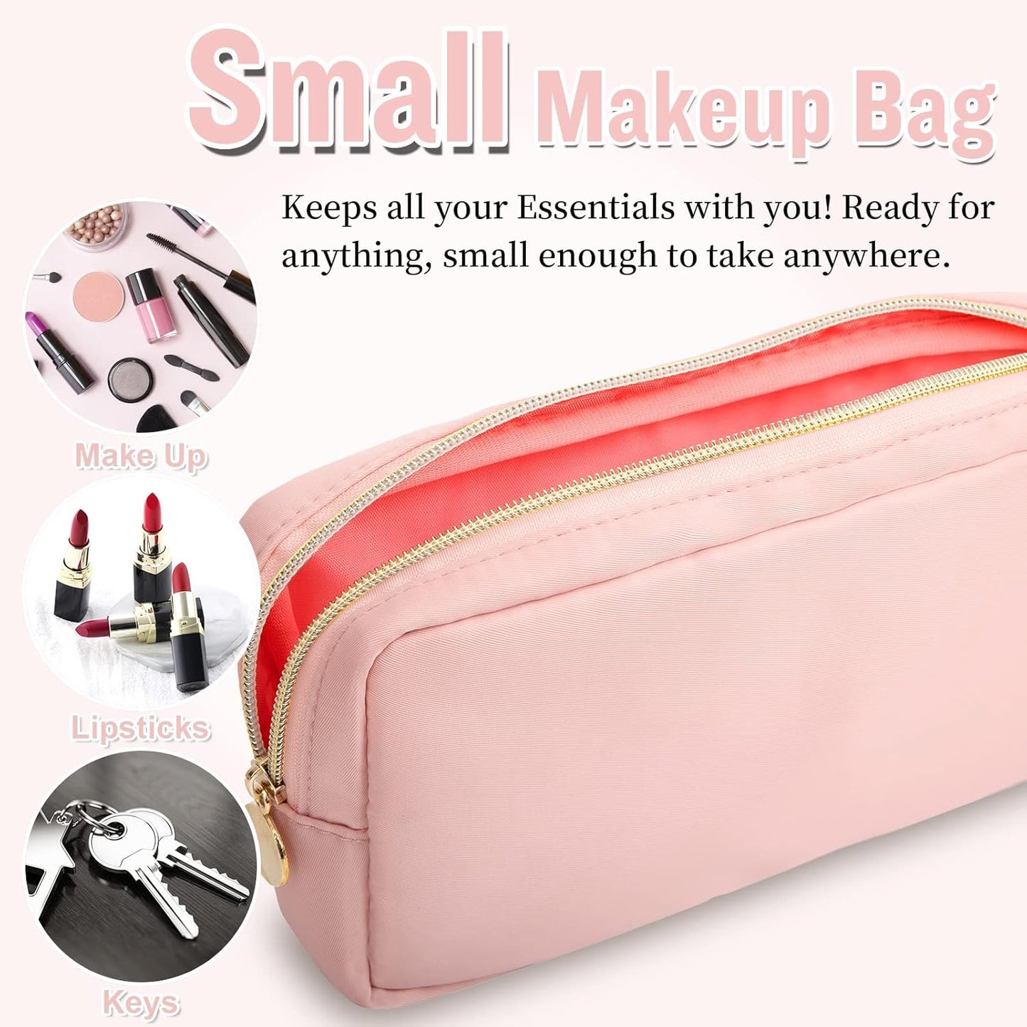 Nylon Small Makeup Bag for Purse, Cute Preppy Pink Makeup Bag Cosmetic Zipper Pouch Purse, Waterproof Portable Travel Toiletry Bag Clutch Makeup Brush Bag Organizer Storage for Women Men Girls(Pink)
