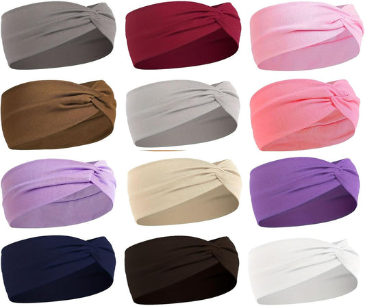 12-Pack Wide Stretch Headbands for Women - Non-Slip Extra Wide Turban Hair Bands for Workout, African Style, Sports & Daily Use (Breathable, All-Day Comfort) Color1 (Color2)