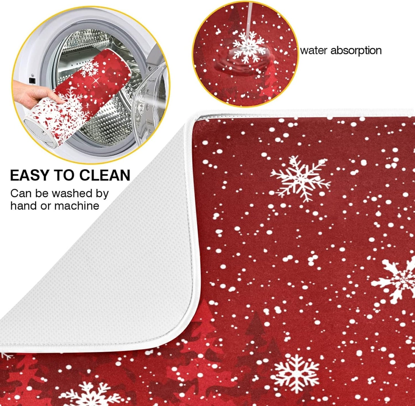 Dish Drying Mat for Kitchen Counter 18 x 16 Inch Romantic Christmas Snowflake on Red Microfiber Dish Mat Drying Pad Absorbent Dishes Pad Dish Drainer Rack Mats