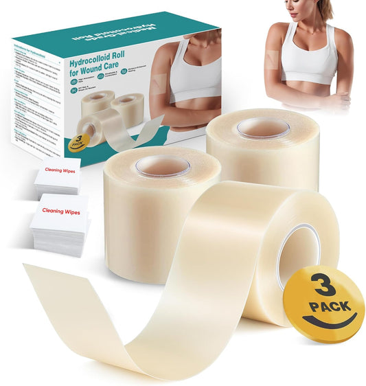 Hydrocolloid Bandages Roll for Wound Care – Cut-to-Size - Flexible & Waterproof Hydrocolloid Tape for Acne, Burns & Blister Care, Self-Adhesive & Highly Absorbent (2in x 12ft x 3Roll)