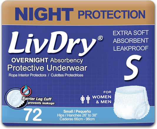 LivDry Adult S Incontinence Underwear, Overnight Comfort Absorbency, Leak Protection, Small, 72-Pack